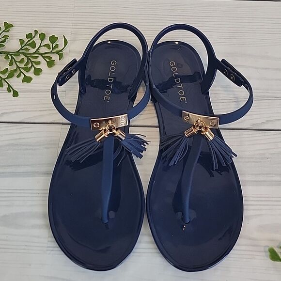 Gold Toe Blue Tassle Detail Flat Thong Sandals Womens Size 7 - Picture 2 of 10